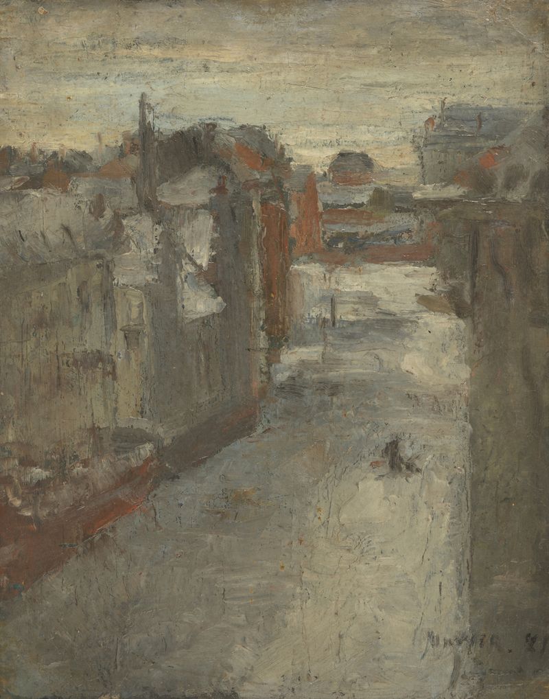 The Van Iseghemlaan in the snow by James Ensor, oil painting depicting a snowy landscape with footprints.
