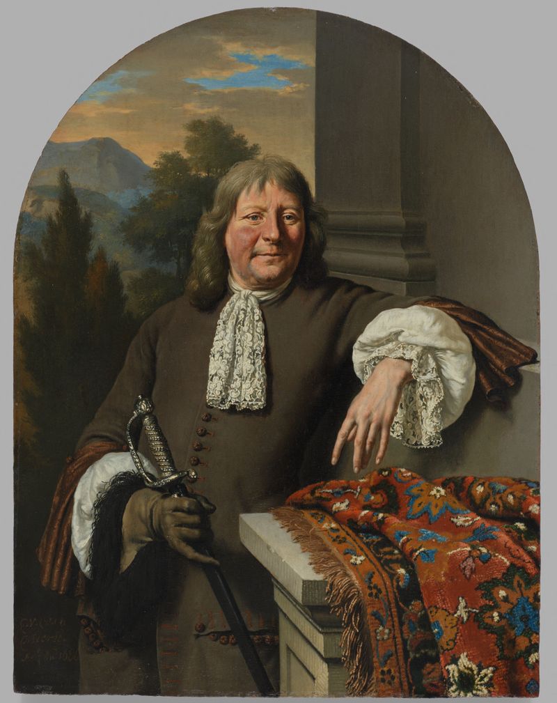 Portrait of a man holding a sword, oil on panel by Willem van Mieris