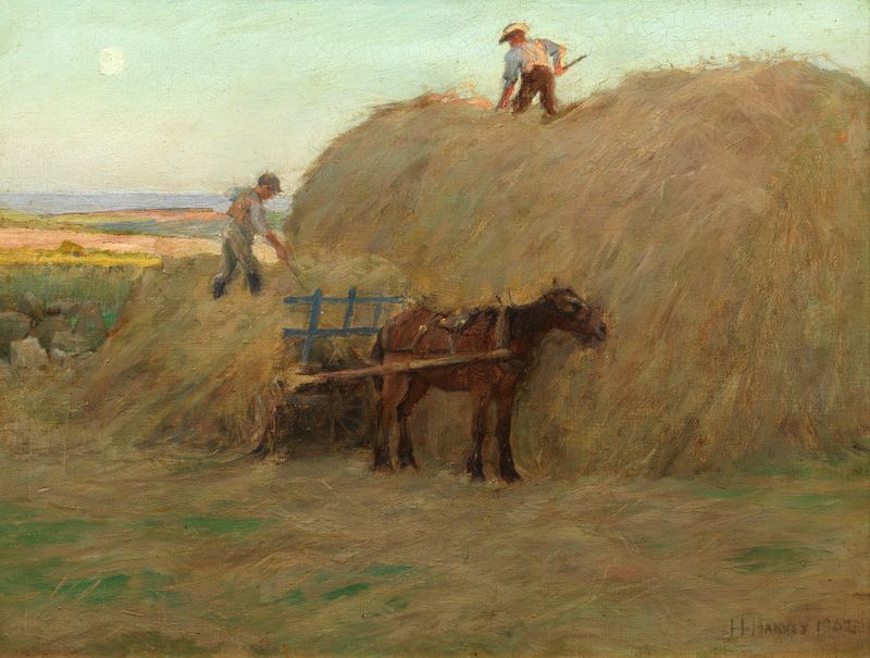 Building the Hayrick de Harold Harvey, óleo sobre lienzo, que muestra una figura trabajando en un paisaje tranquilo