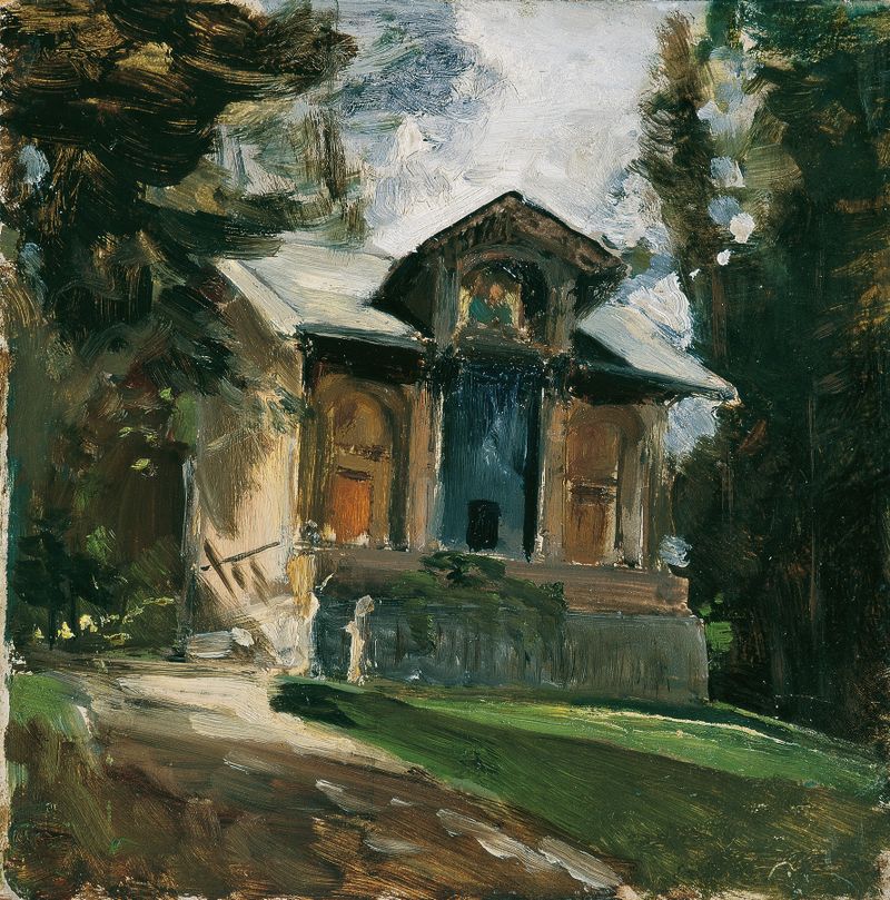 Escena interior de un estudio de artista con Emil Jakob Schindler en su caballete, pintura al óleo