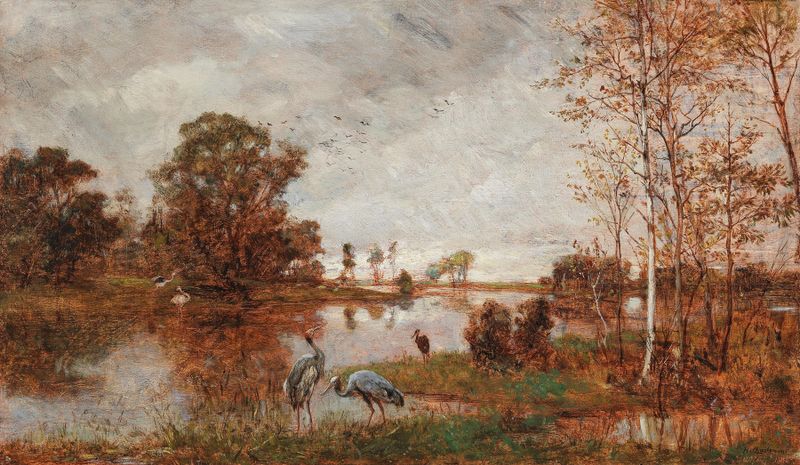 Herons on the Riverbank by Hugo Charlemont, oil on canvas depicting herons by a river.