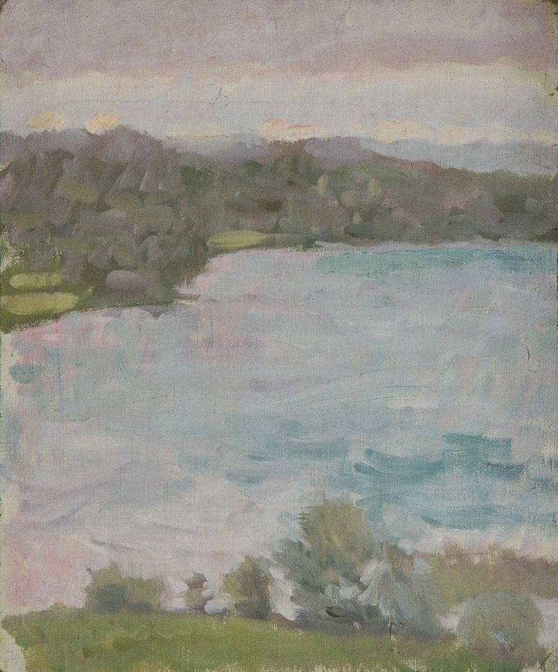 Landschaft de Walther Gamerith, pintura a óleo retratando colinas onduladas e um céu suave.