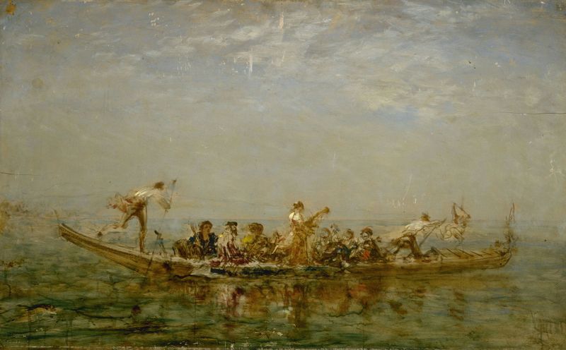 Escena marina con un barco caïque, pintura al óleo de Félix Ziem