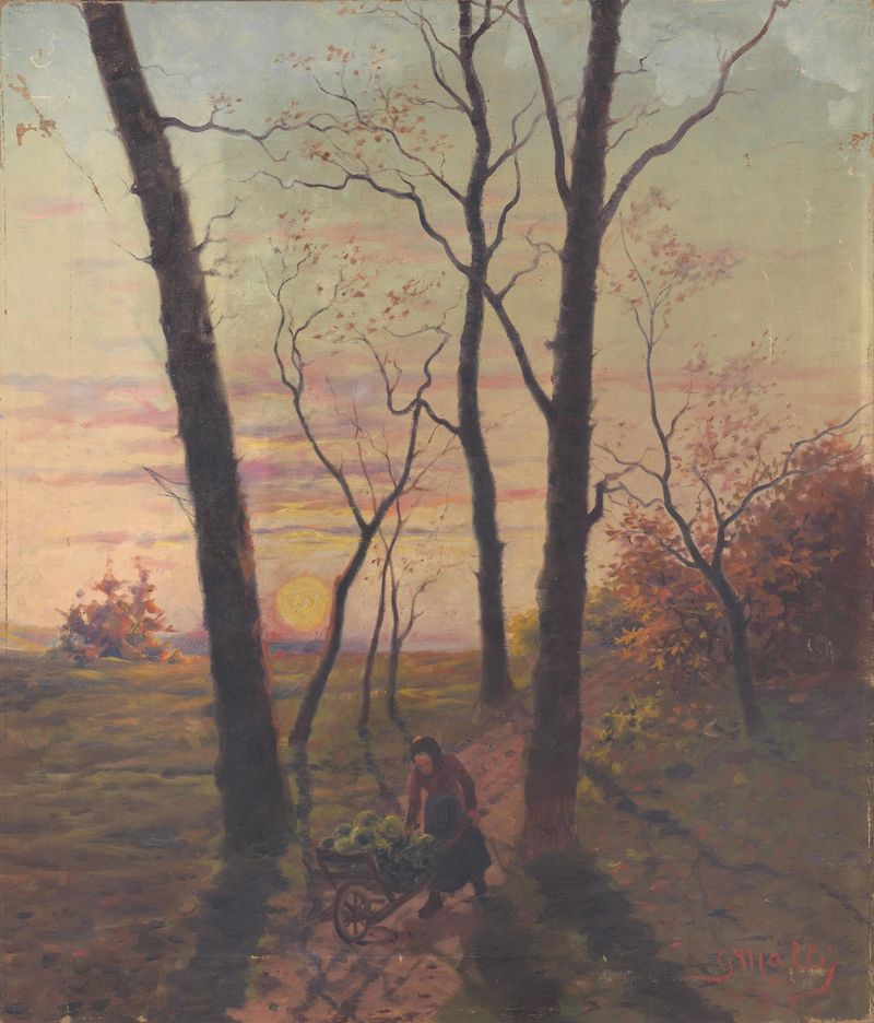Sunset in Pezinok de Gustáv Mallý, óleo sobre tela representando uma aldeia ao entardecer.