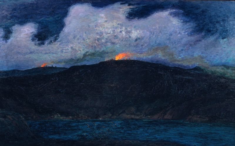 Midsummer Bonfires in Stormy Weather, óleo sobre lienzo de Karl Nordström, muestra hogueras bajo un cielo tormentoso.