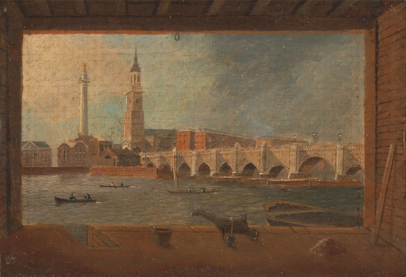 A View of London Bridge de Daniel Turner, óleo sobre tela mostrando uma serena paisagem do rio.