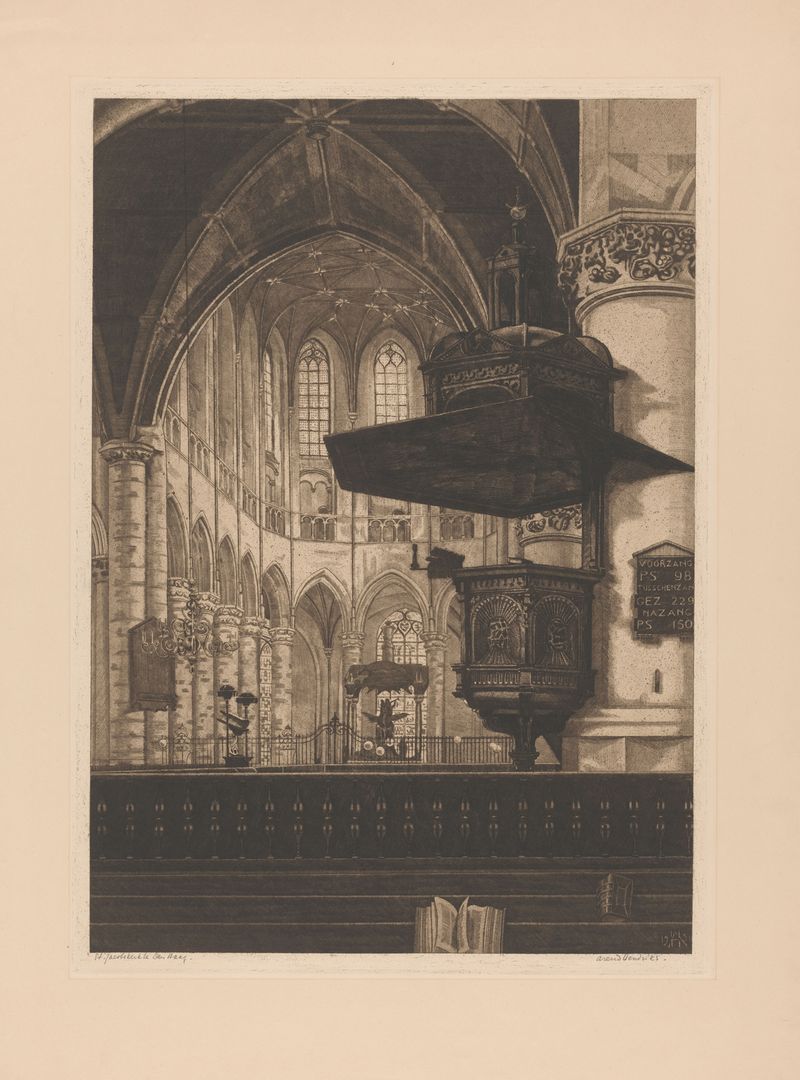 Interior view of St. Jacobskerk by Arend Hendriks, modernism, light through stained glass