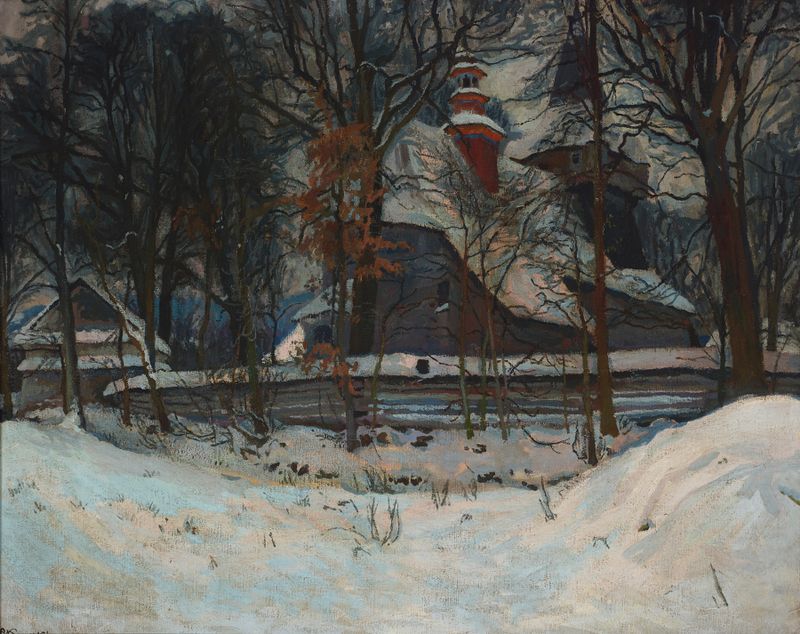 Church at Wola Radziszowska by Stanisław Kamocki, oil on canvas, depicting a serene landscape with a church.