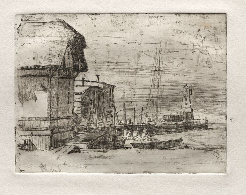 West Pier by Otto Henry Bacher, watercolor on paper depicting a crumbling pier over shimmering water.