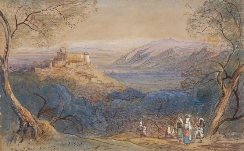 Paisaje con el Castello Caetani y colinas, pintura al óleo de Edward Lear