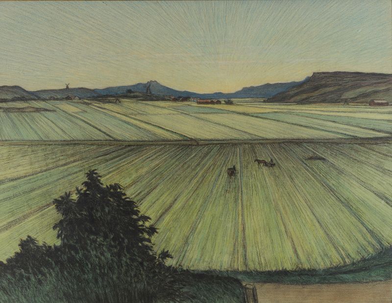 Landscape with Fields de Karl Nordström, óleo sobre lienzo que muestra campos ondulantes y un cielo pastel.