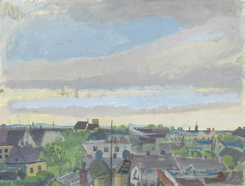 Pintura a óleo de Oskar Laske retratando uma paisagem pós-guerra.