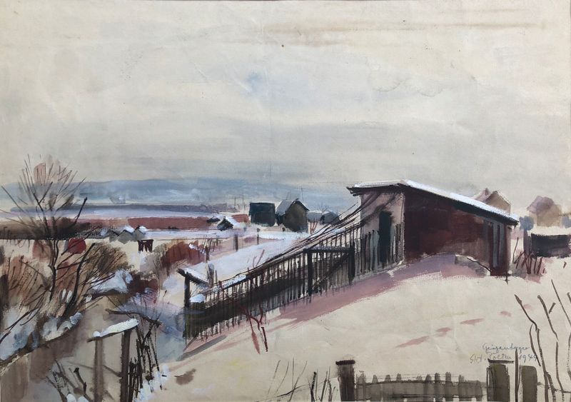Invierno en St. Pölten de Otto Geigenberger, óleo sobre lienzo que muestra una figura en calles cubiertas de nieve.