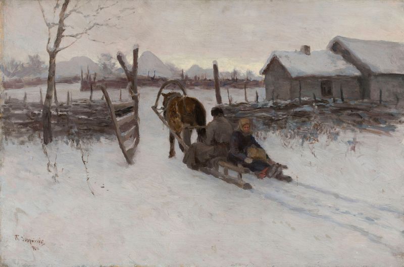 Granja con el trineo de Tit Dvornikov, realismo, representando un trineo a la luz cálida del atardecer.