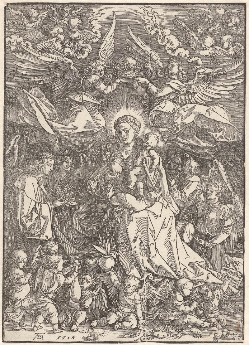 Maria als koningin der engelen de Albrecht Dürer, meio papel, Virgem Maria cercada por anjos