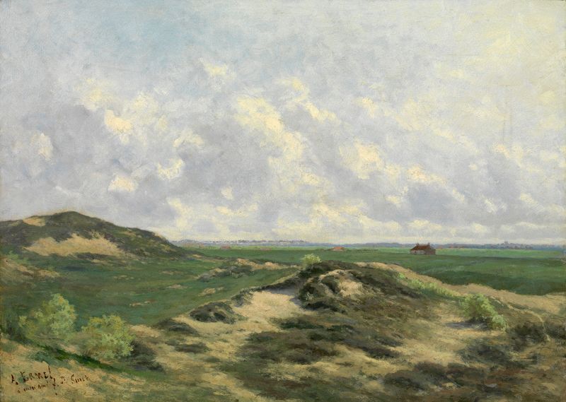 Dunes de Alexis Ermel, uma paisagem modernista com areia dourada e céu azul.