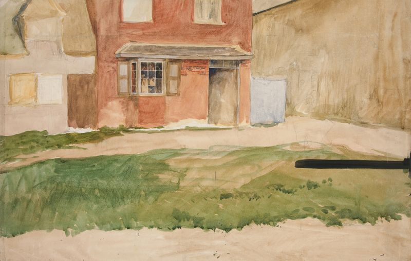 Exterior view of a red brick building, watercolor on paper by Edwin Austin Abbey