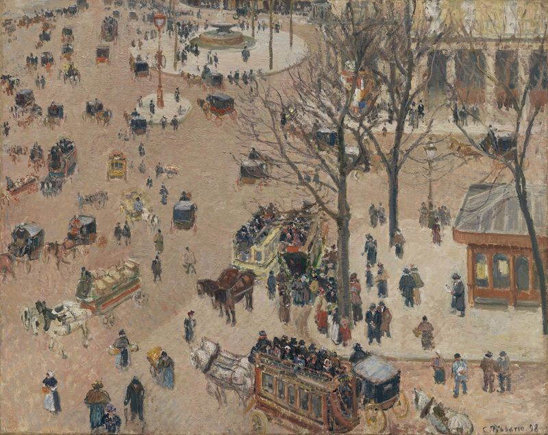La Place du Théâtre Français by Camille Pissarro, oil painting depicting a lively theater scene.