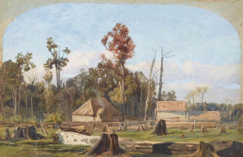Settler’s home, Merton by James Crowe Richmond, oil on canvas depicting a cottage in a lush landscape