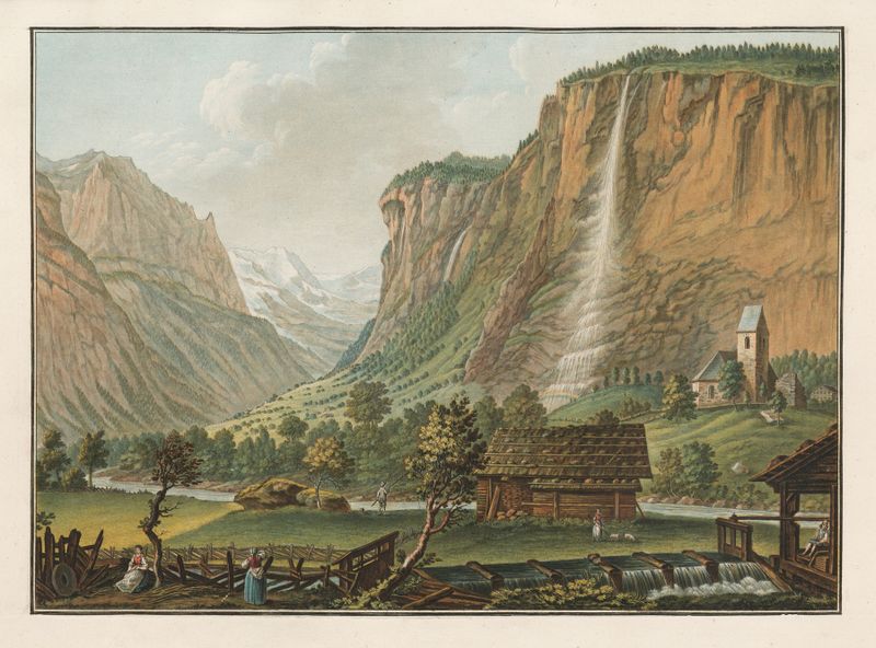 Cascata em um vale, pintura a óleo de Caspar Wolf