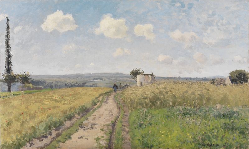 June morning near Pontoise, óleo sobre lienzo de Camille Pissarro mostrando campos verdes y luz de la mañana