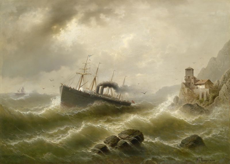 Lhootse Station an der Nordsee de Albert Rieger, óleo sobre lienzo, que representa un paisaje marino tranquilo con horizon...