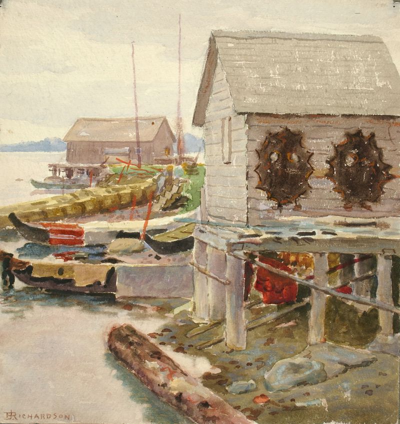 Drying Skins, óleo sobre tela de Theodore J. Richardson, com peles de animais em uma floresta.