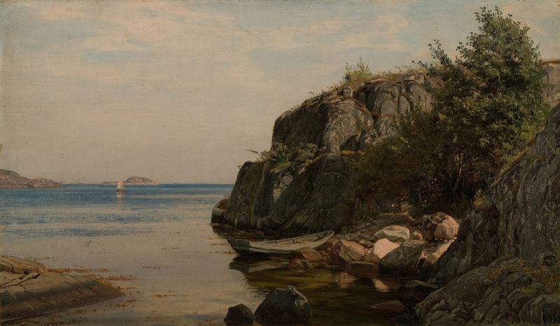 En holme de Amaldus Nielsen, óleo sobre tela que retrata um lago tranquilo com árvores e reflexos.