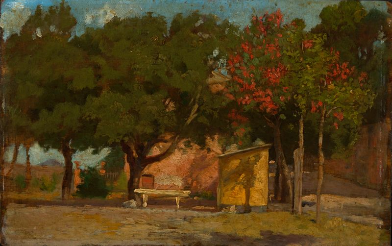 Pintura a óleo de Albert Lang mostrando uma cabana sob árvores de outono