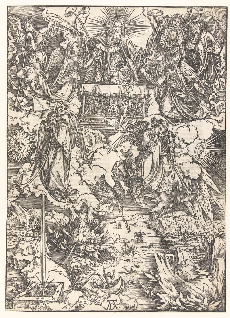 Engraving by Albrecht Dürer depicting seven angels with trumpets among clouds