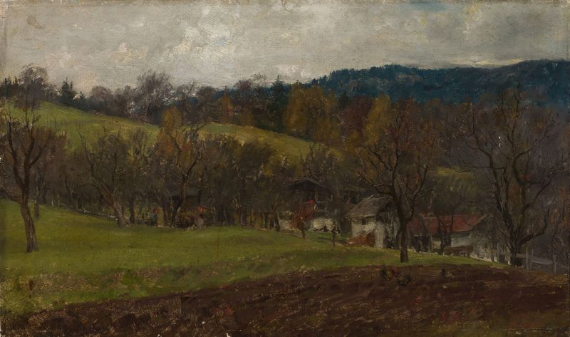 Autumn landscape by Johann Sperl, oil on canvas, featuring vibrant leaves and a soft horizon.