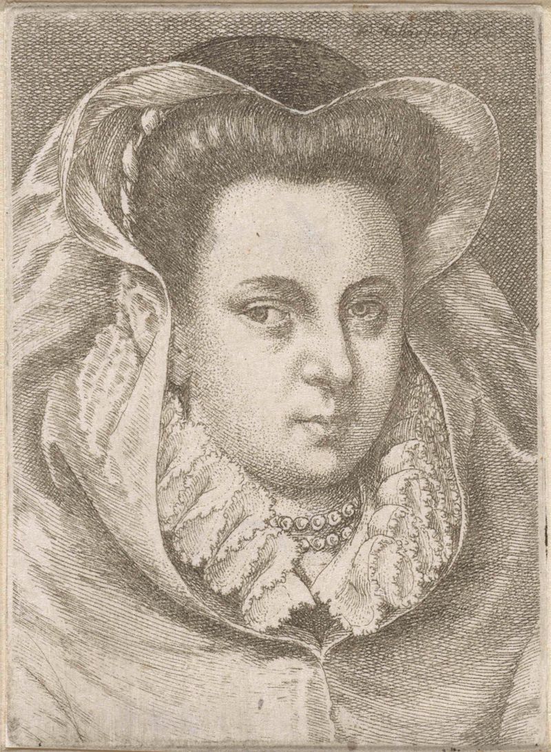 Retrato de uma mulher com um véu branco e uma capa preta, gravura de Wenceslaus Hollar