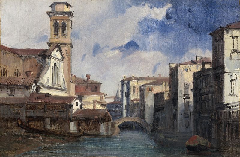 The Church of San Trovaso, Venice by Jules-Romain Joyant, oil painting depicting a tranquil waterway reflection.