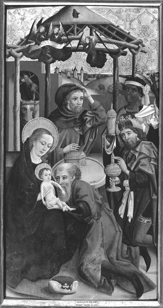 La Adoración de los Reyes Magos, óleo sobre panel de un artista no identificado, con figuras reales ante el niño Cristo.