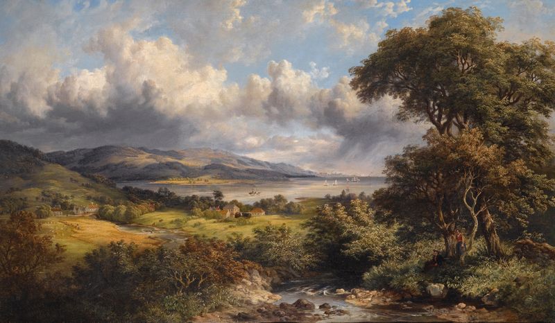 Paisagem de um rio com tons azuis e verdes de Mcneil Macleay, pintura a óleo, 1850