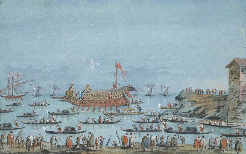 Cena marinha do Bucintoro na lagoa por Giacomo Guardi, pintura a óleo