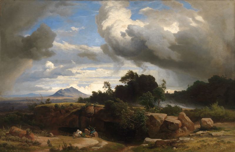 Pintura a óleo de paisagem de Johann Wilhelm Schirmer mostrando um céu tempestuoso sobre o campo