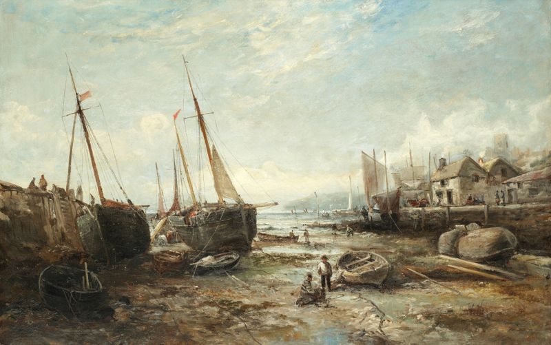 Low tide, Penzance by William Edward Webb, oil on canvas depicting a coastal landscape at twilight.