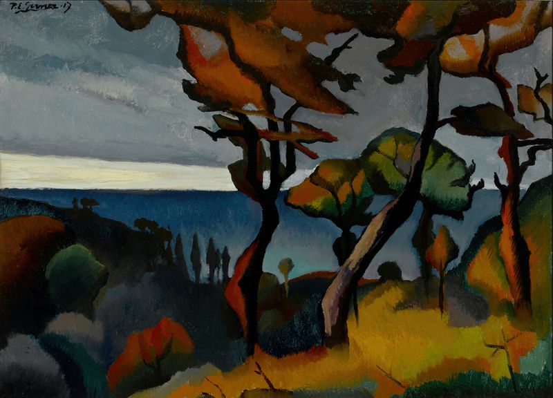 Paysage (Arbres rouges) by Paul-Elie Gernez, oil on canvas depicting vibrant red trees.