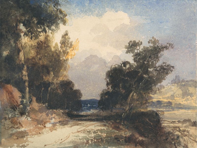 Paisagem retratando um rio ao pôr do sol, pintura a óleo de Thomas Shotter Boys