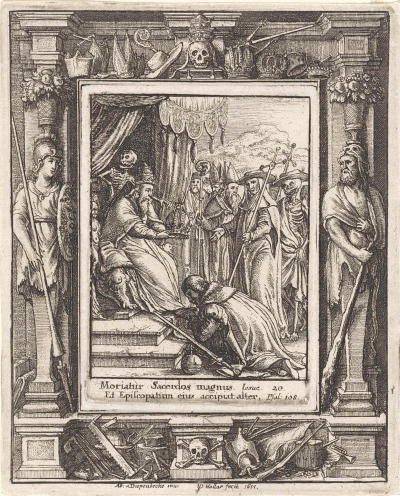 Grabado de Wenceslaus Hollar que representa a un papa y la figura de la Muerte.