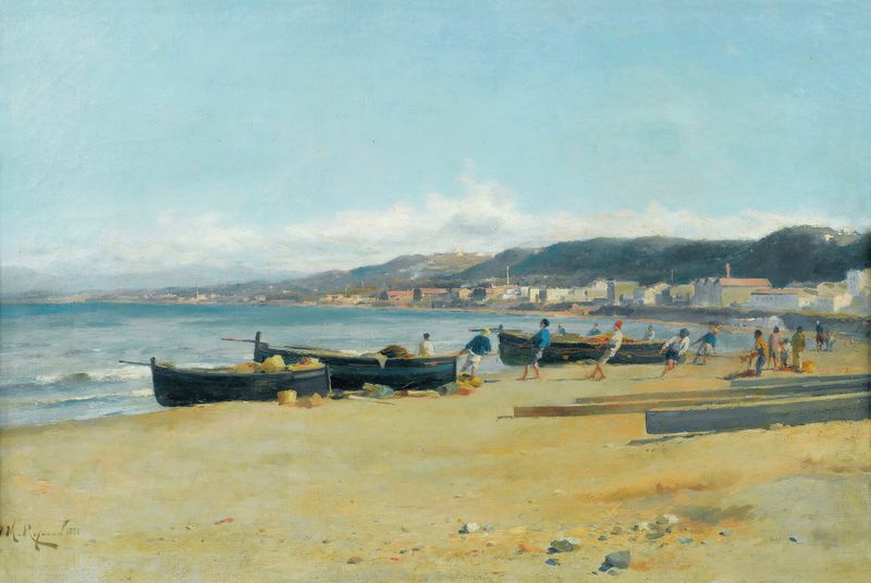 Pintura al óleo de Marius Reynaud que muestra el horizonte de Argel reflejado en aguas tranquilas.