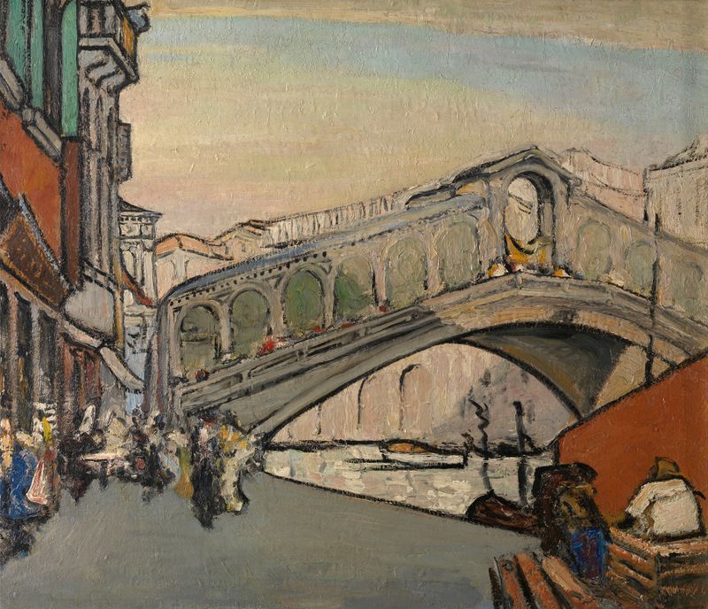 A Ponte Rialto em Veneza, óleo sobre tela de Jules Schmalzigaug, se arqueia sobre o Grande Canal.