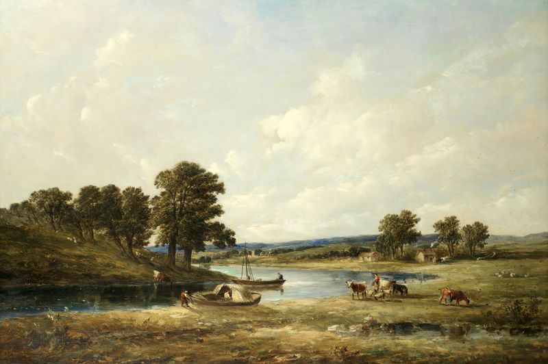 Atividade à beira do rio de Alfred Vickers Snr., óleo sobre tela com figuras ao lado do rio.