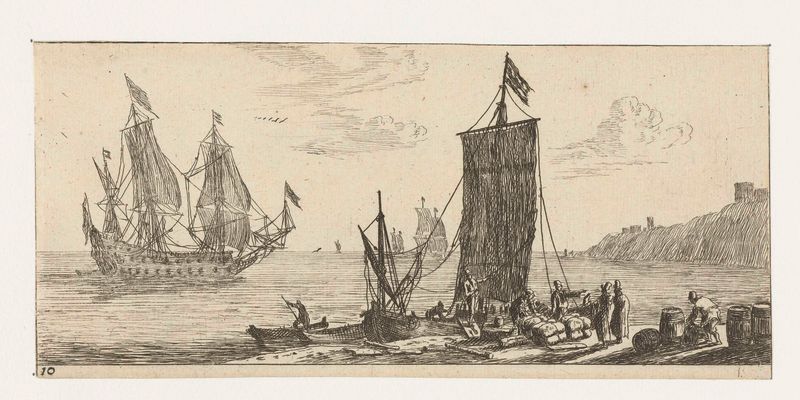 Grabado de Reinier Nooms que representa una bahía con barcos y reflejos en el agua