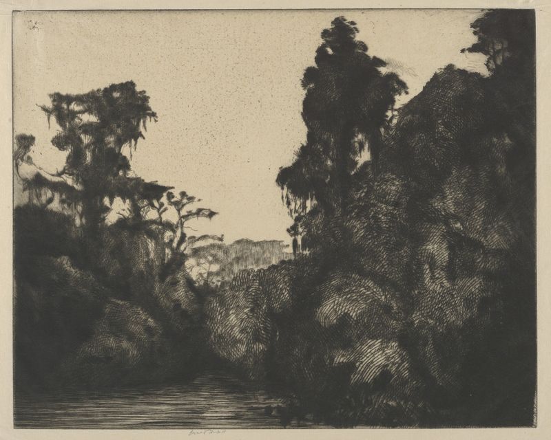 Near Silver Springs de Ernest Haskell, acuarela sobre papel que muestra un río con luz solar y árboles.
