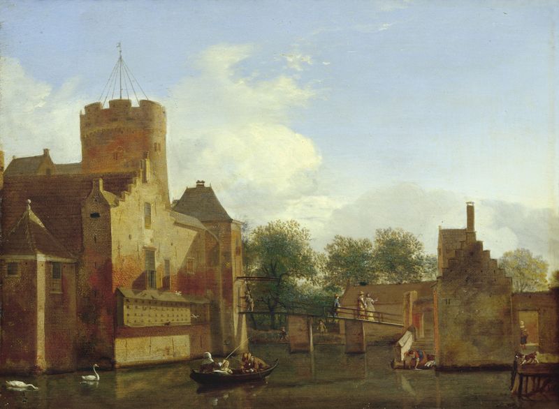 Loenerslot Castle en Holanda de Jan van der Heyden, pintura al óleo que representa un paisaje tranquilo con reflexiones.