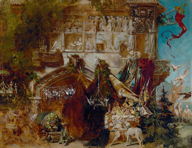 The Hunting Castle by Hans Makart, oil on canvas, depicts a grand castle surrounded by lush trees.