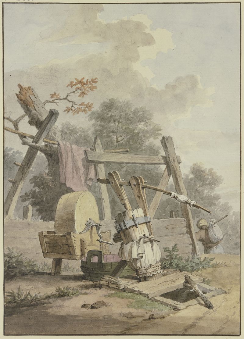 oil on canvas by Pieter Bartholomeusz. Barbiers depicting a stone mill and fountain