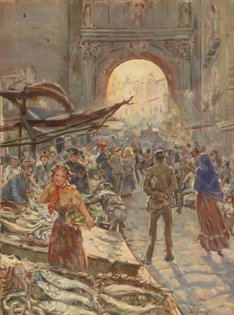 Escena de género de un bullicioso mercado en Nápoles, óleo sobre lienzo de Vincenzo Migliaro
